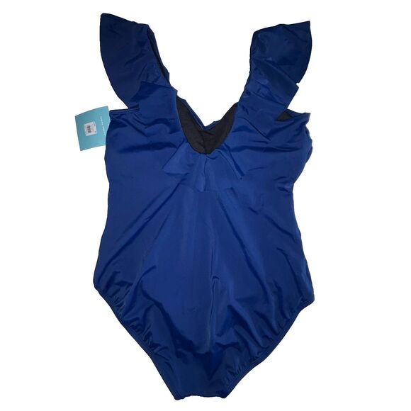 Bal Harbour Swim Blue V-Neck Ruffle One Piece Swimsuit Size 16 NWT Wirefree - Picture 4 of 9